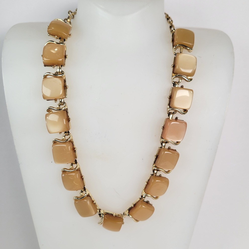 Vintage Coro Tan Thermoset Square Link Necklace Gold Tone J-Hook 17 Inch